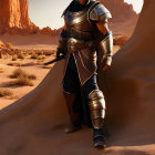 Knight in ornate armor standing in desert landscape