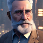 Elderly male with gray hair and beard in glasses and coat in dimly-lit setting