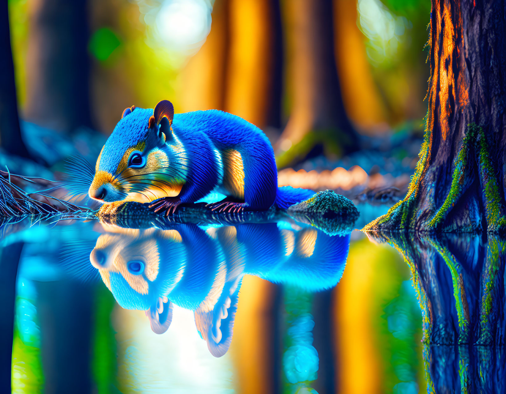 Blue squirrel on branch with reflection in tranquil water, forest background.