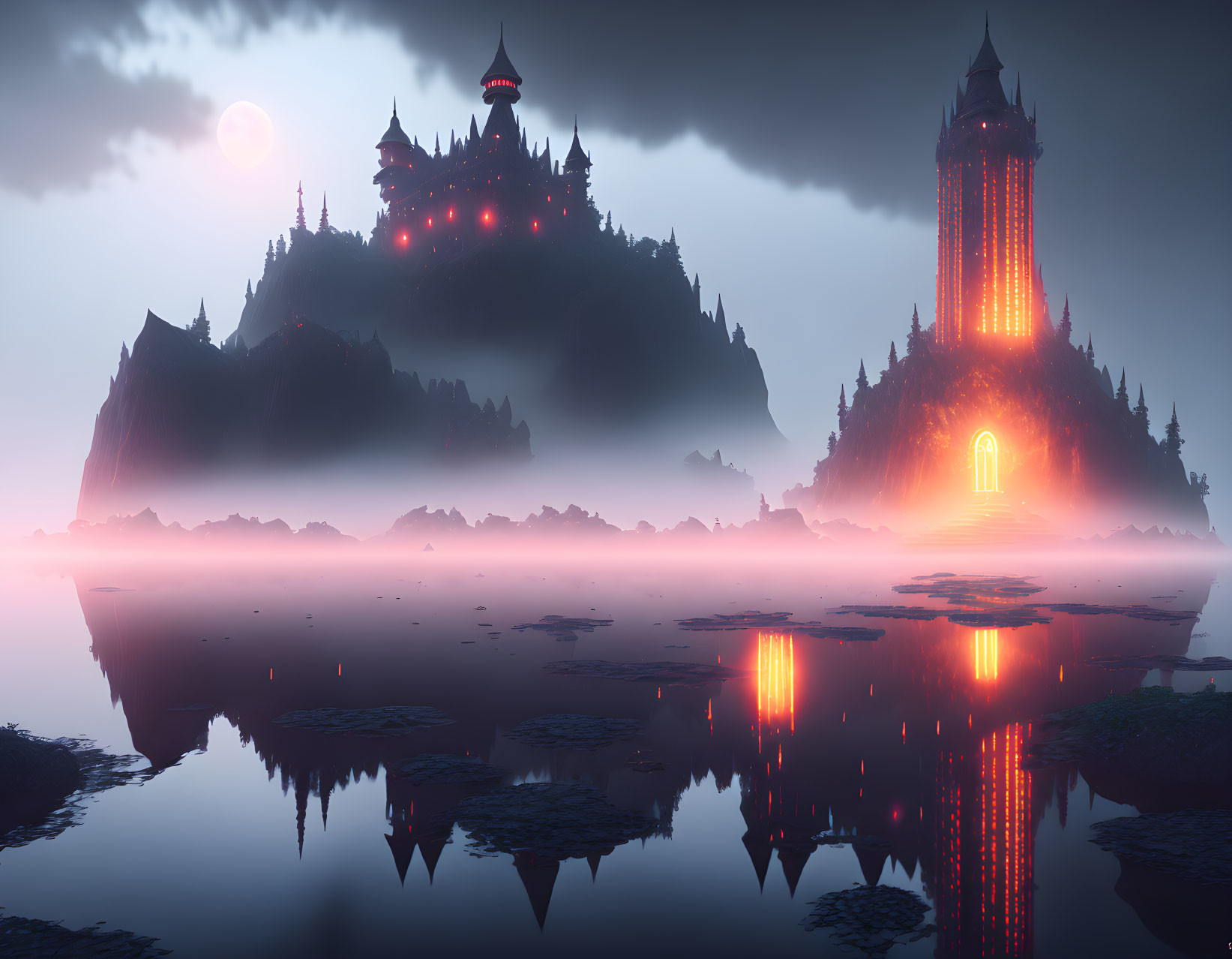 Mystical twilight scene with eerie castle on hill and glowing tower reflected in misty water under large