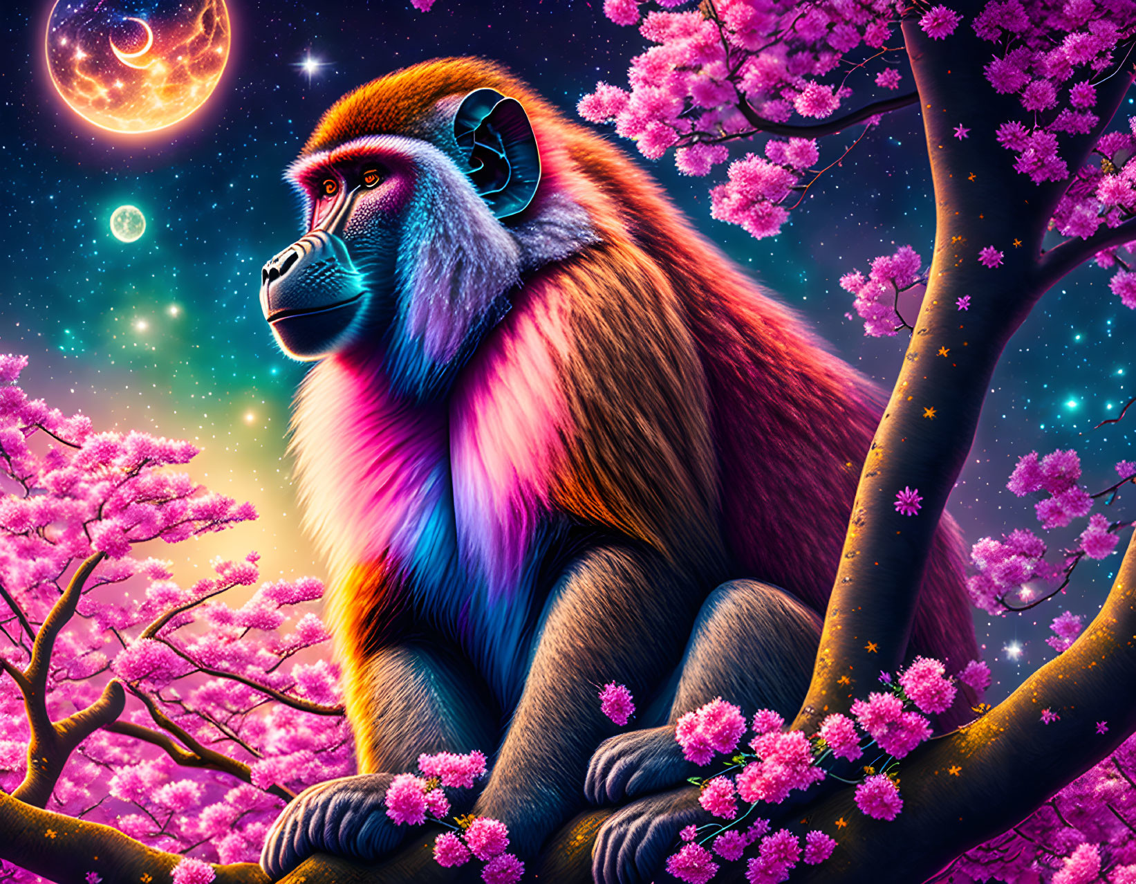 Colorful Mandrill Among Cherry Blossoms Under Starry Sky with Crescent and Full Moons