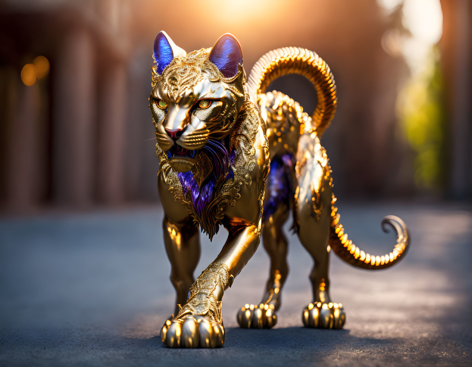 Metallic Cat Figure with Gilded Design and Purple Detailing on Cobblestone Surface