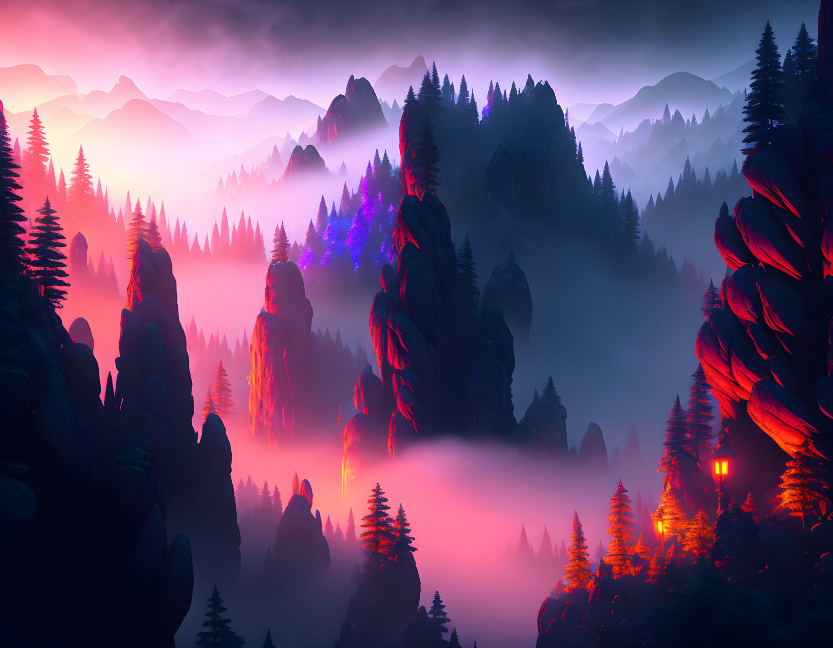 Colorful Digital Landscape Featuring Purple and Red Hues Over Mountains, Trees, and Spires