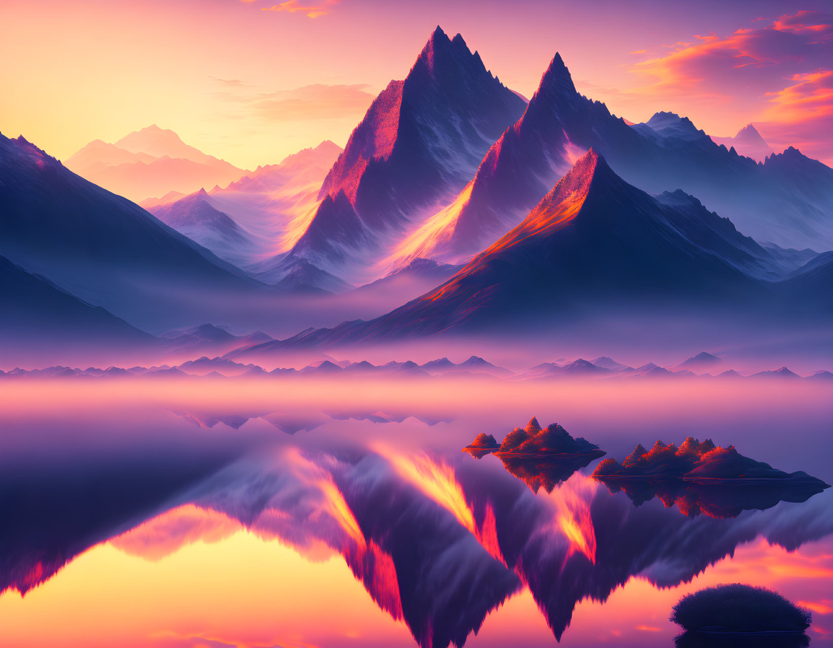 Tranquil landscape: vibrant sunset over majestic mountains and mirrored lake