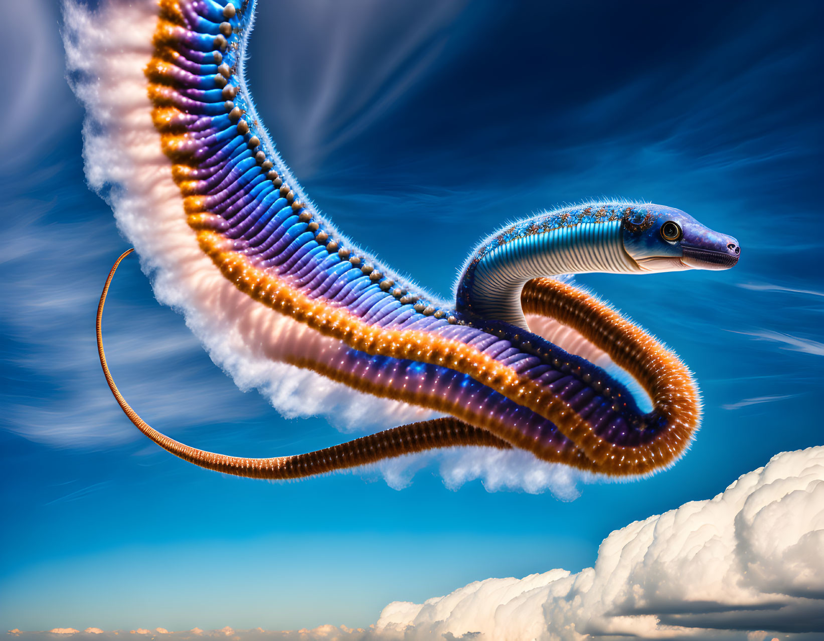 Vibrant multicolored snake gliding in surreal blue sky