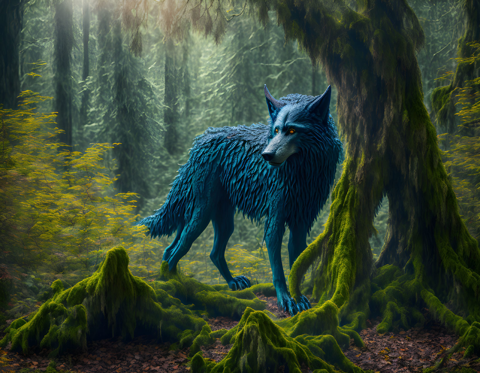 Blue wolf in lush green forest with moss-covered trees