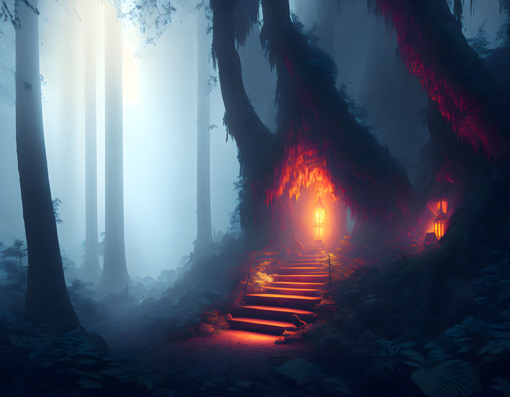 Enchanting forest scene with glowing lanterns on staircase around ancient tree