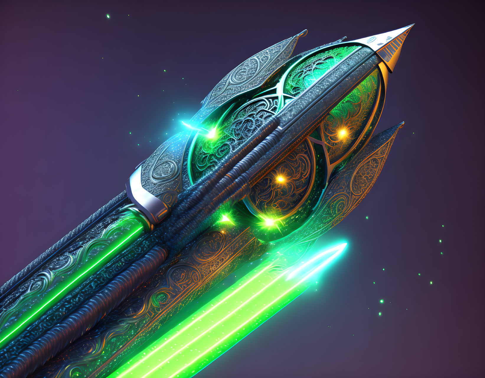 Futuristic ornate spaceship with green glowing details in starry space