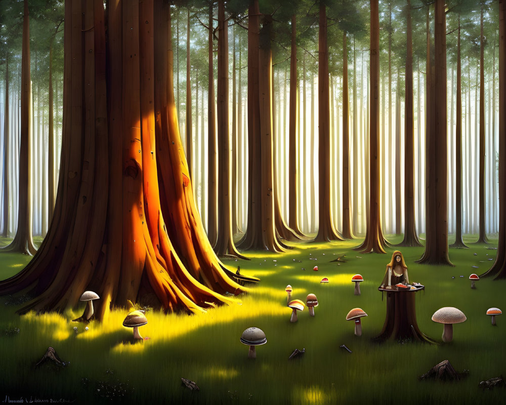 Enchanted forest scene with girl reading on mushroom in sunlight