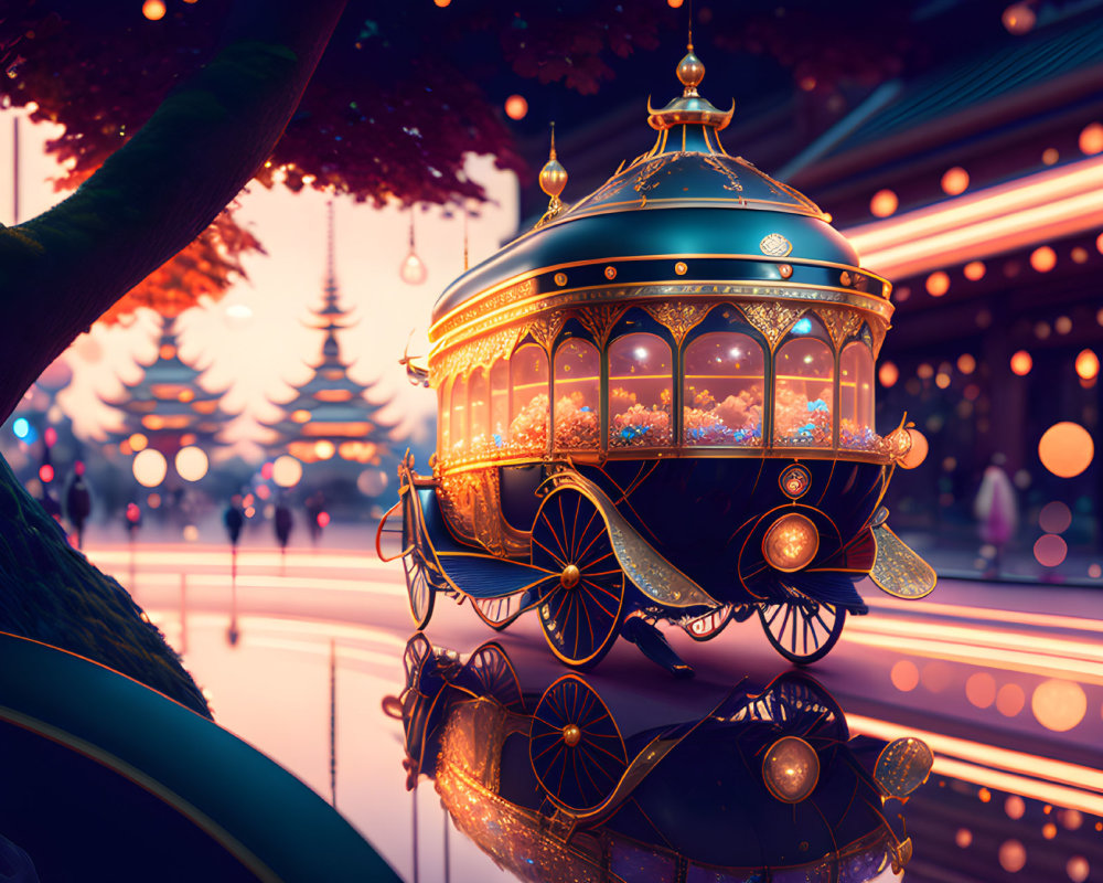 Ornate, glowing carriage in ethereal Asian-inspired setting