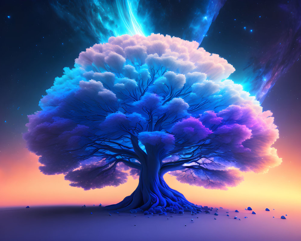 Colorful surreal tree against cosmic sky with stars and nebulae