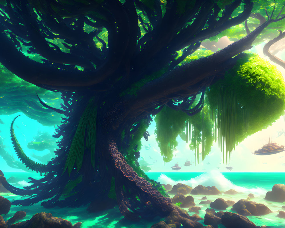 Fantasy forest scene with massive twisted tree and sailing ships