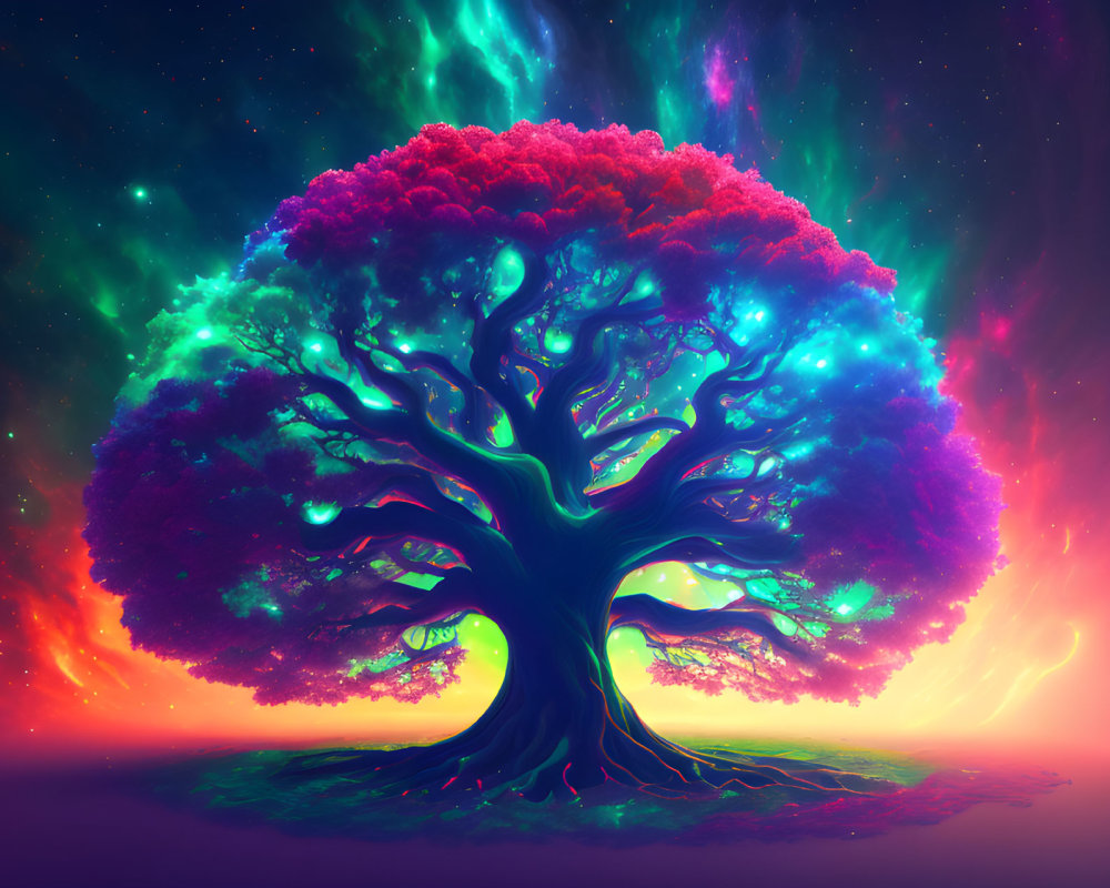 Fantastical neon pink and purple tree under starry sky.