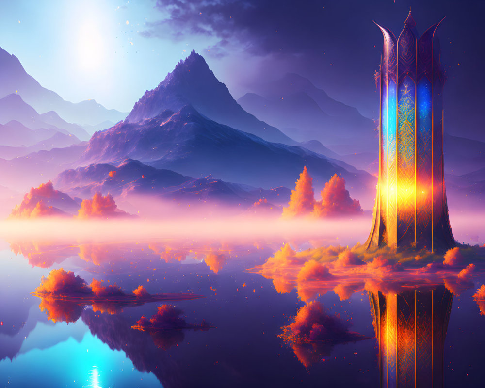 Fantasy landscape at twilight with reflective lake, mystical tower, colorful foliage, and majestic mountains under star