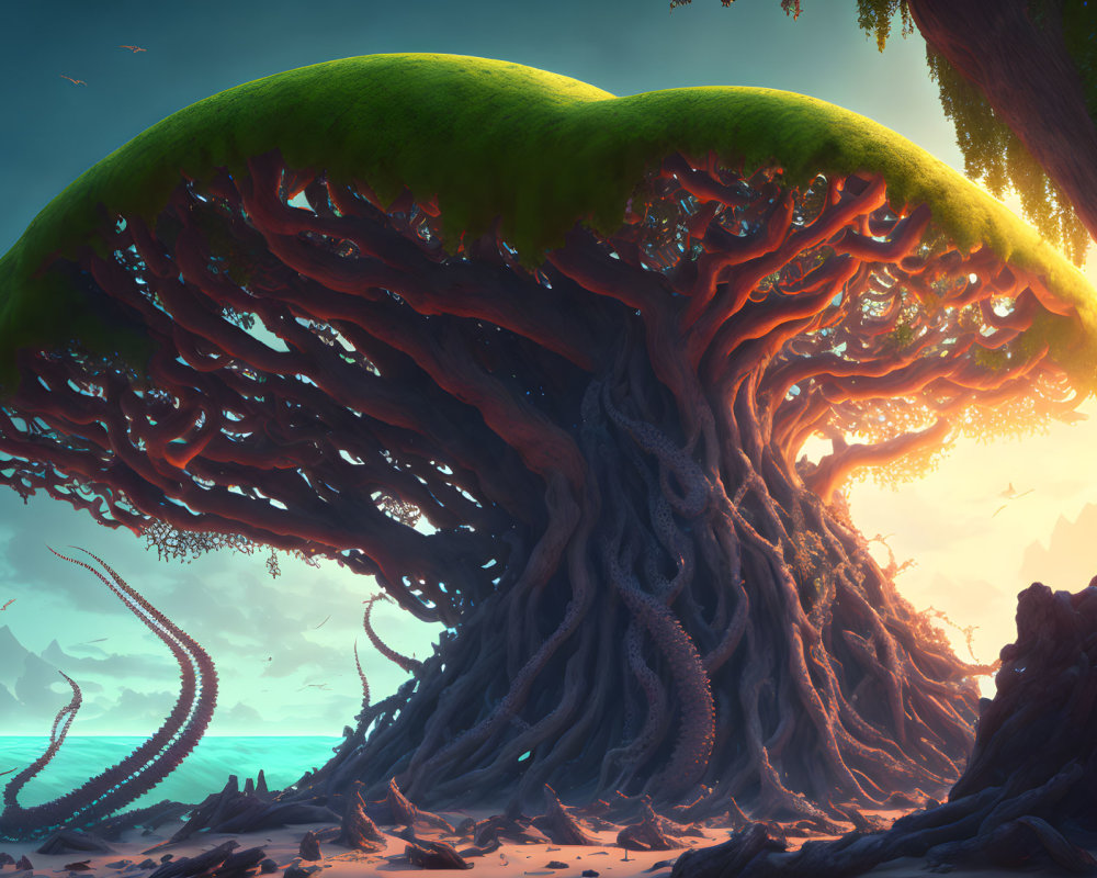 Ancient tree with wide canopy on mystical beach at sunset