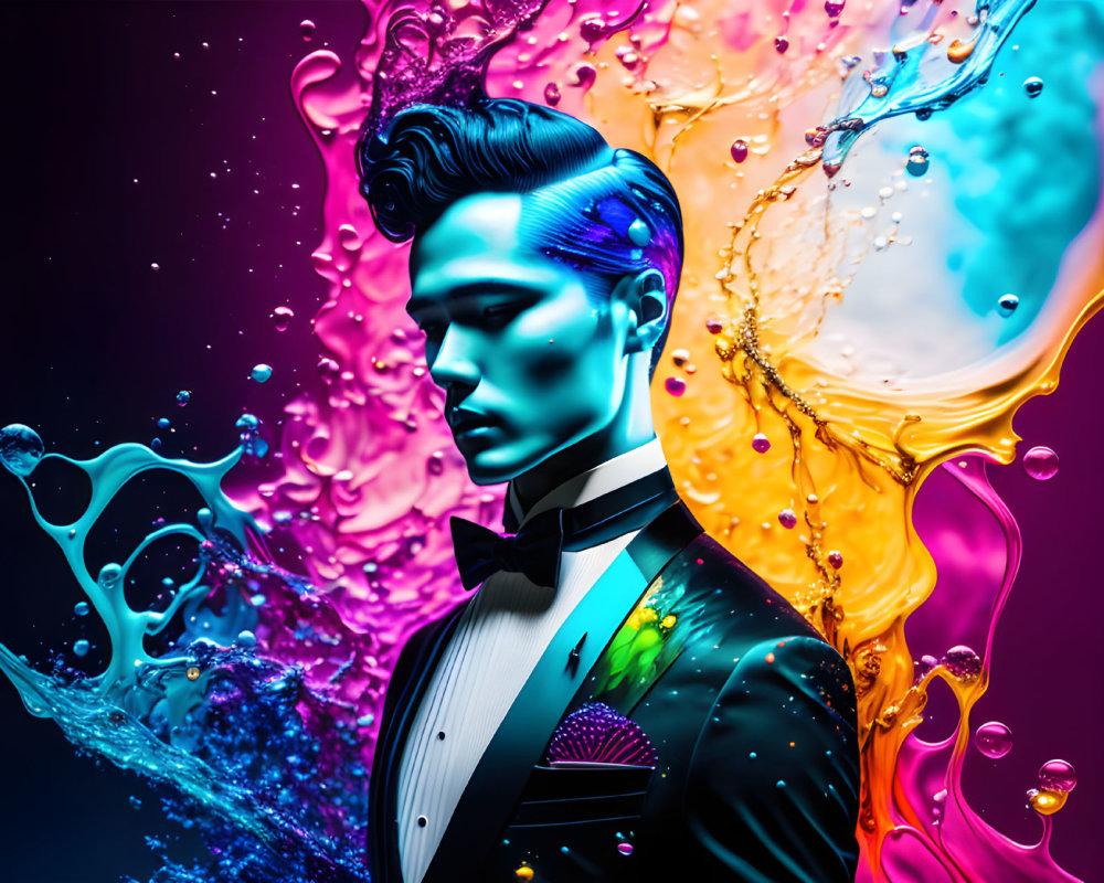 Colorful liquid splashes enhance man in tuxedo portrait