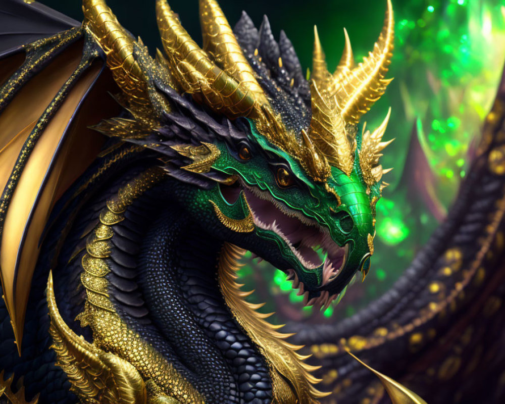 Detailed illustration of majestic dragon with golden scales, sharp horns, and glowing green eyes.