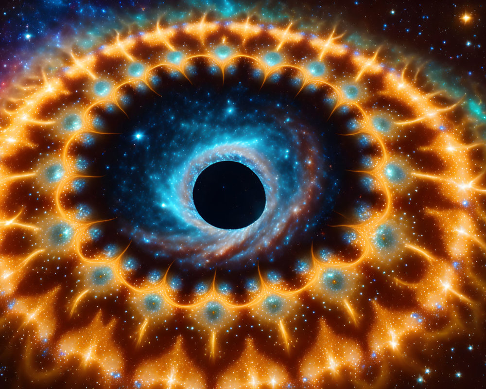 Black hole with glowing accretion disk and vibrant light patterns on starry background