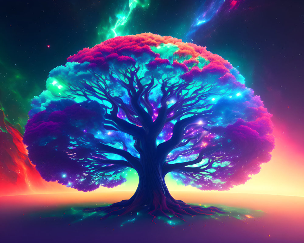 Colorful digital artwork: Neon tree against cosmic sky