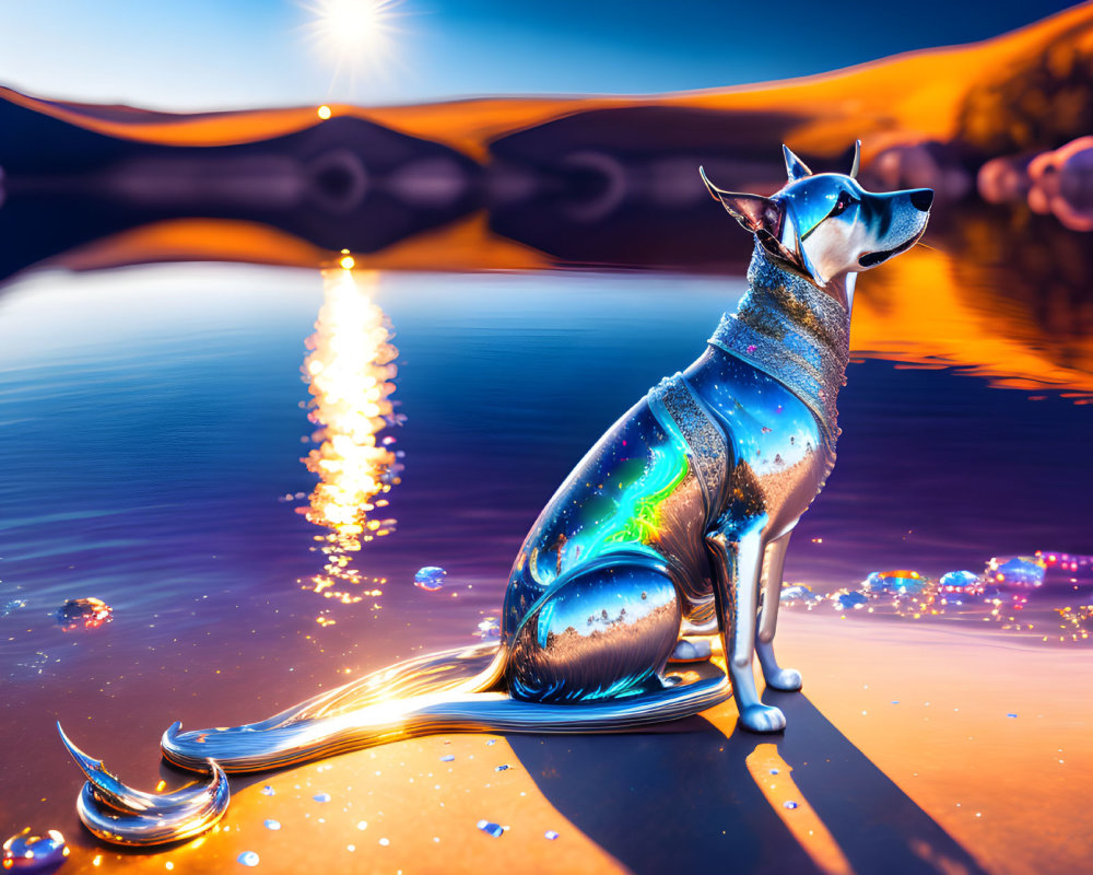 Surreal cosmic dog by tranquil lake at sunset