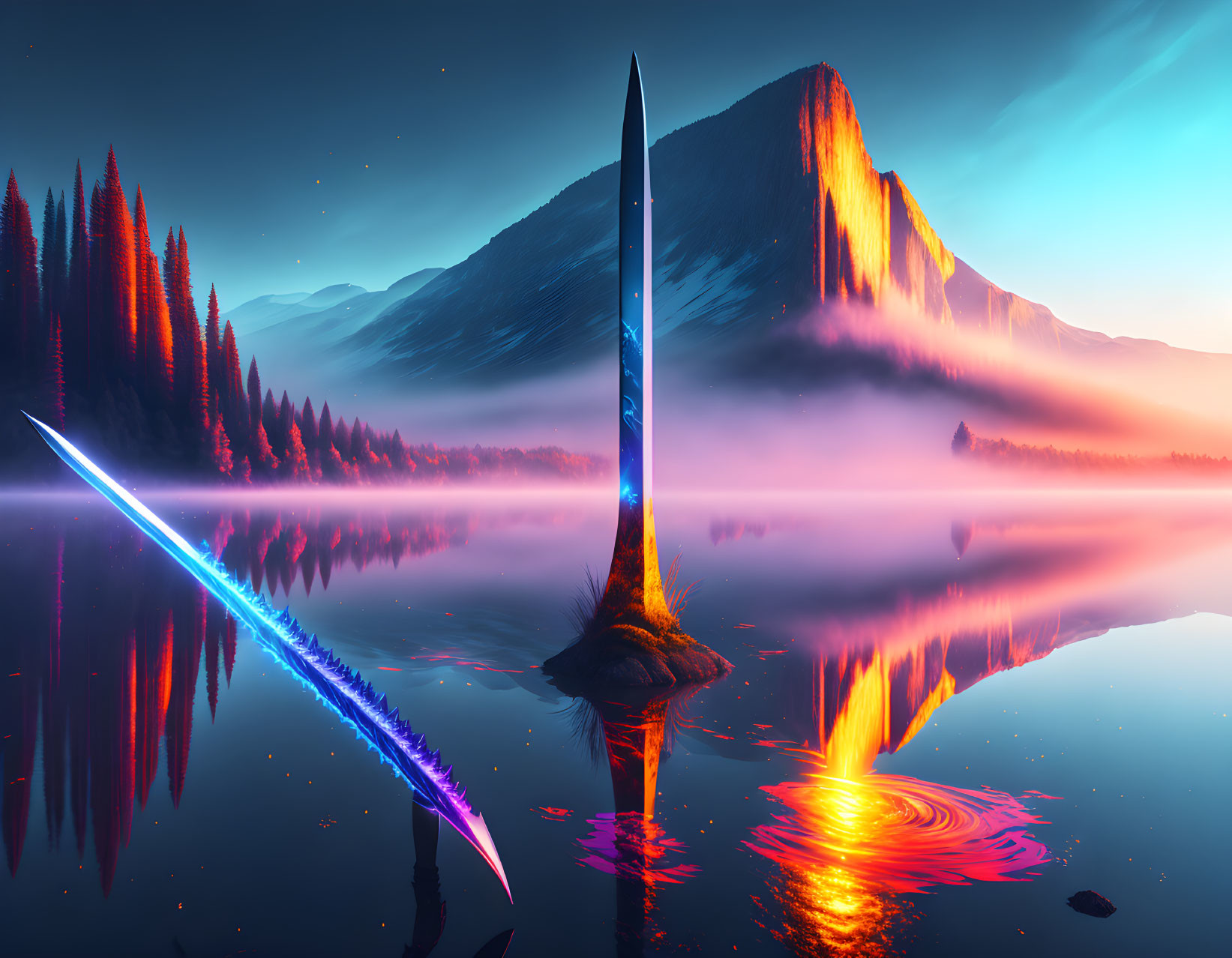 Surreal landscape with reflective lake, towering spire, sunset colors, mist, mountains, star