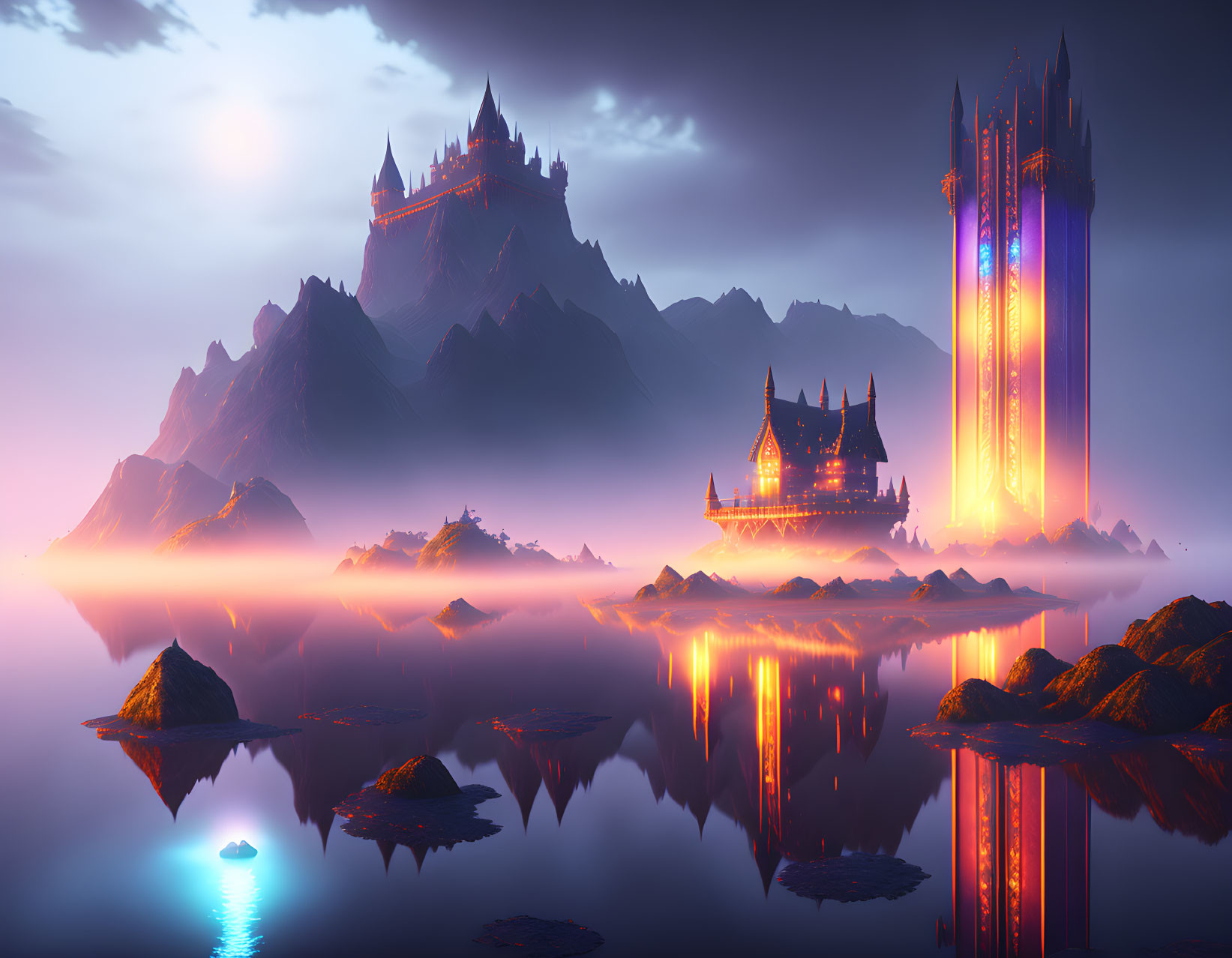 Illuminated Castles Reflecting on Tranquil Lake at Twilight