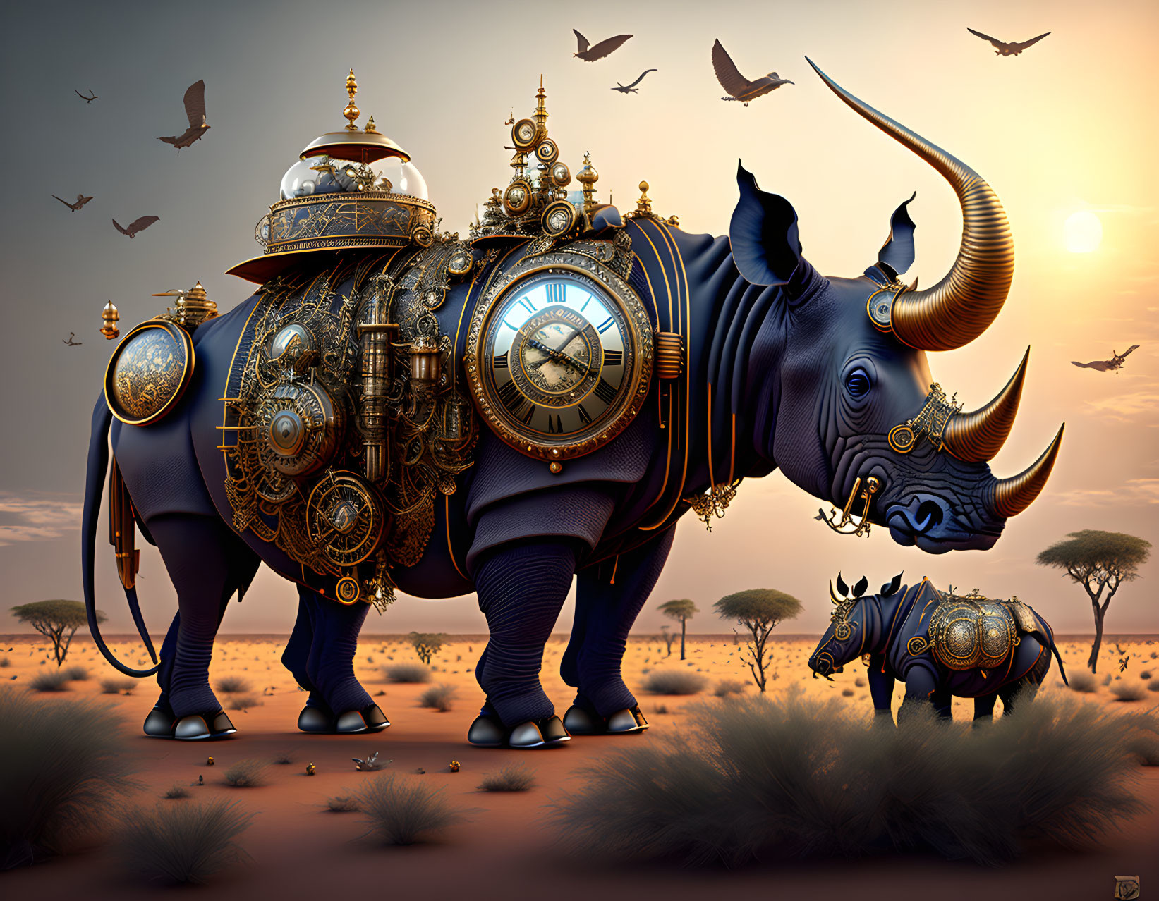 Digital artwork: Mechanical rhinoceros in Savannah landscape with clockwork design at dusk