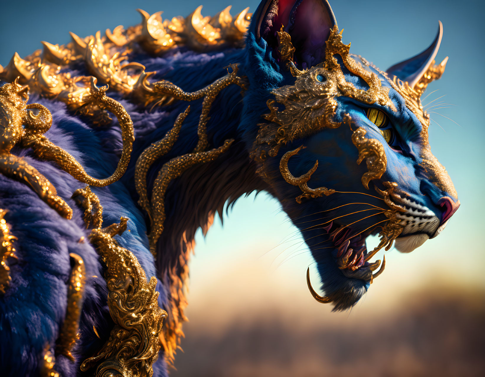 Detailed Digital Artwork: Mythical Blue Feline Creature with Golden Ornamentation