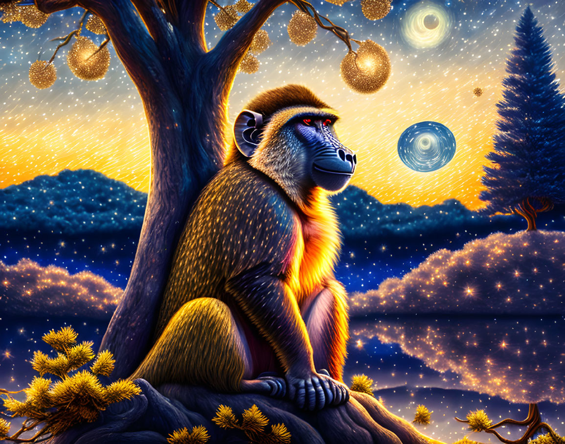 Colorful baboon under starry sky beside glowing tree in magical twilight landscape