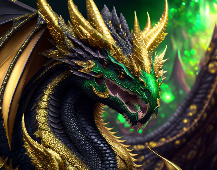 Detailed illustration of majestic dragon with golden scales, sharp horns, and glowing green eyes.