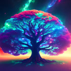 Fantastical neon pink and purple tree under starry sky.
