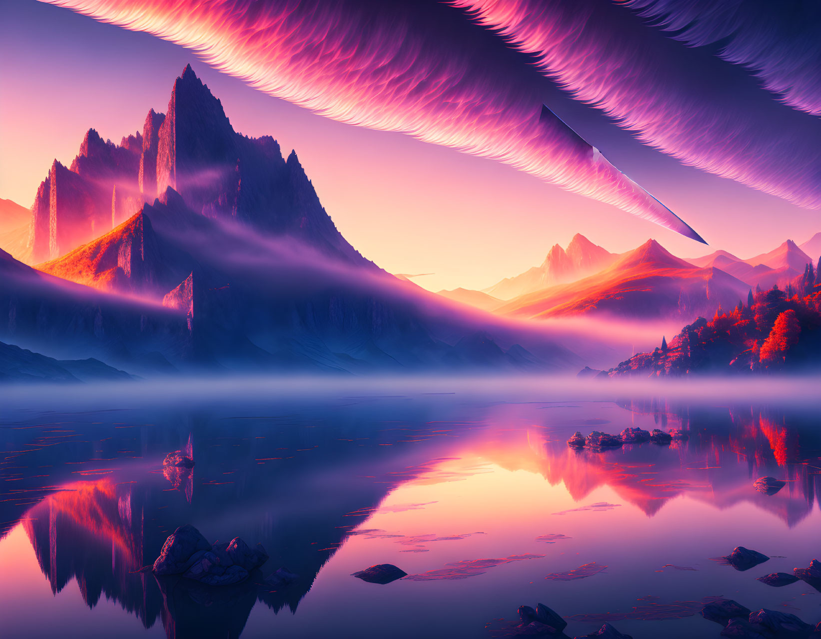 Surreal landscape with reflective lake and towering mountains