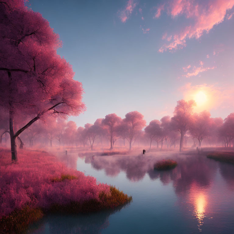 Tranquil sunrise landscape with misty river and pink foliage