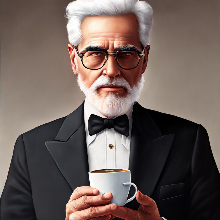 Elderly man in tuxedo with white hair and beard holding coffee cup