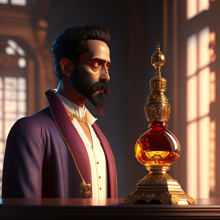 Stylized 3D-rendered male figure in Victorian outfit with ornate hourglass in sun