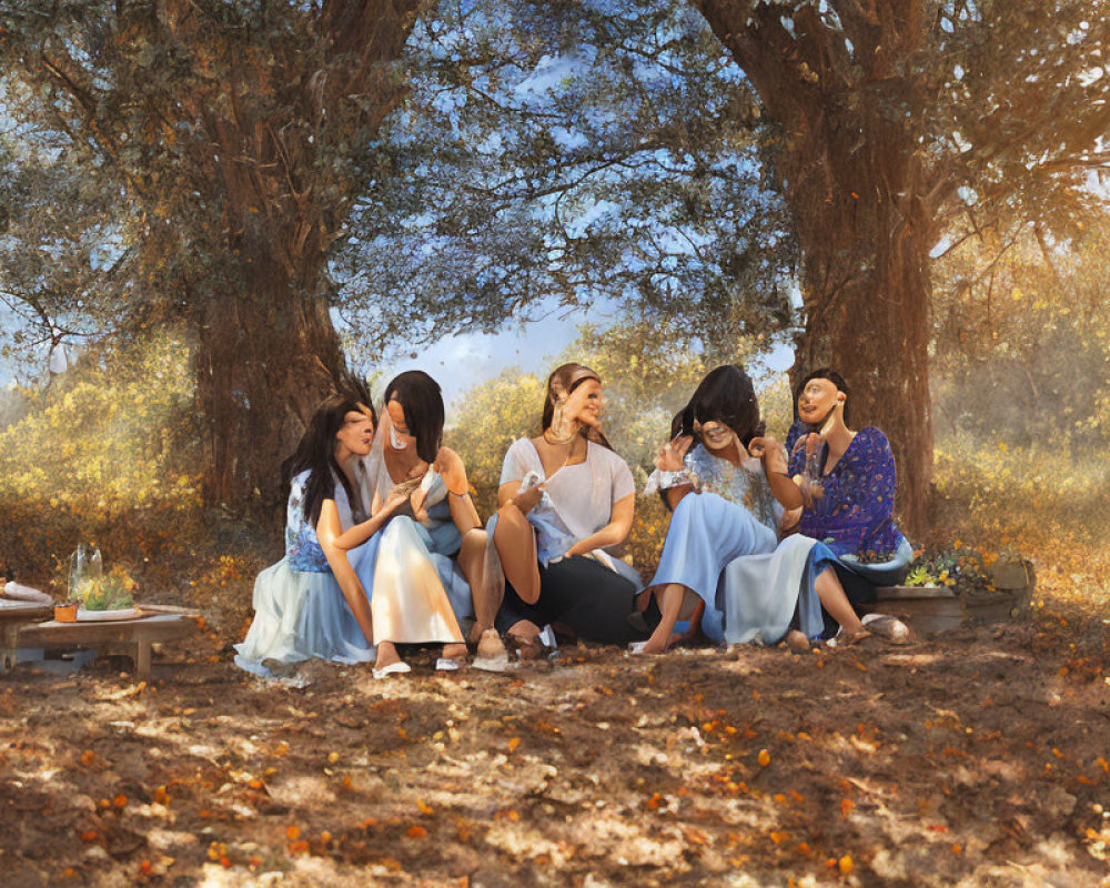 Women in Dresses Picnicking Among Autumn Leaves