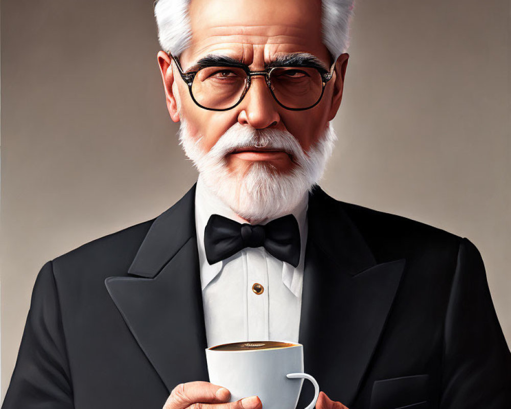 Elderly man in tuxedo with white hair and beard holding coffee cup