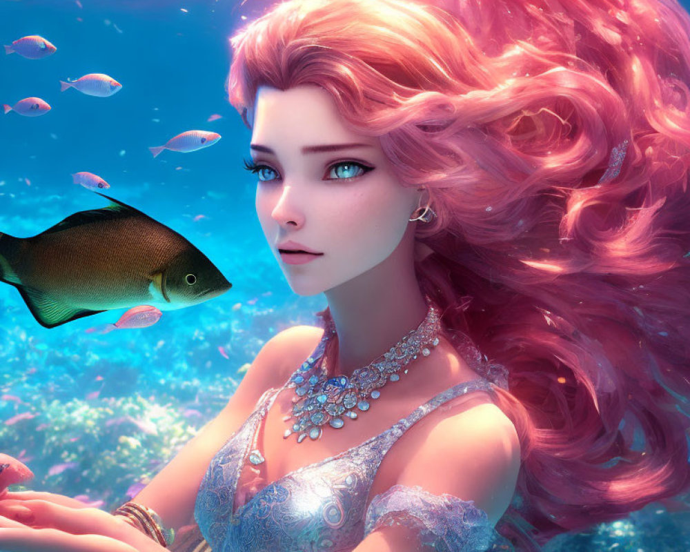 Digital artwork: Underwater scene with woman, pink hair, fish, necklace, blue dress