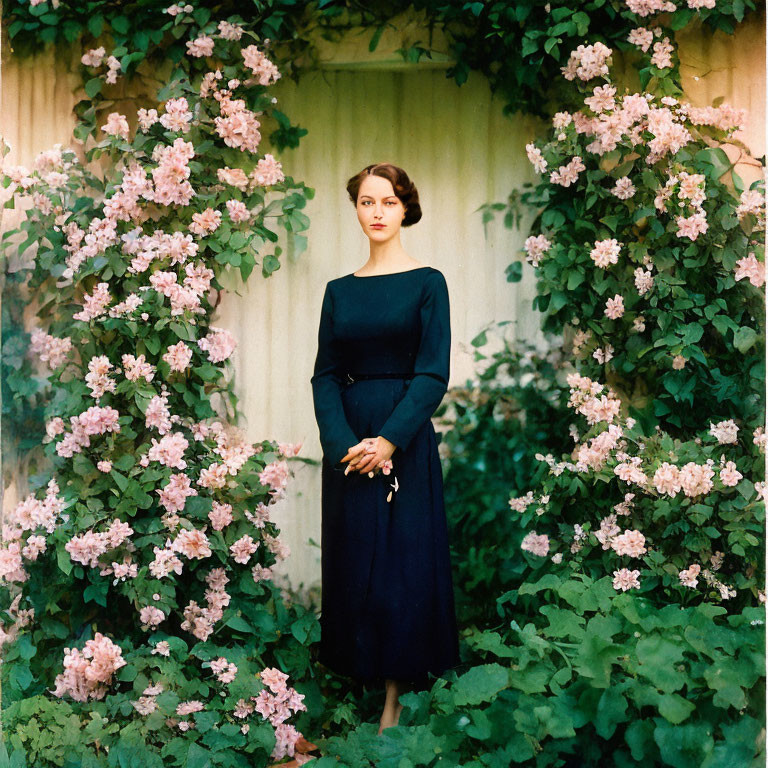 Woman in navy blue dress against pink floral backdrop