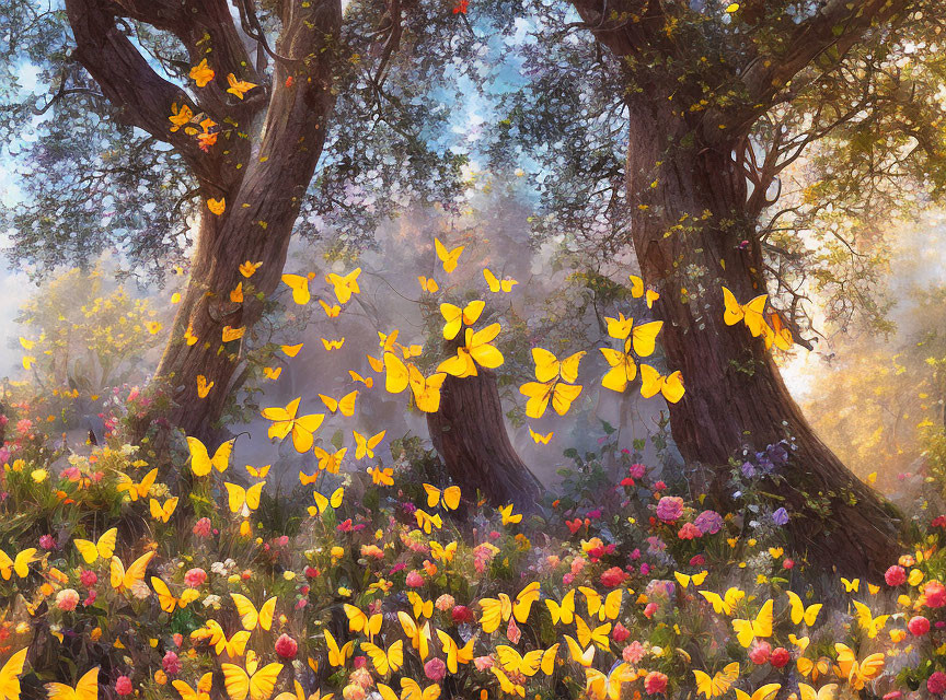 Vibrant flowers and yellow butterflies in lush forest scene