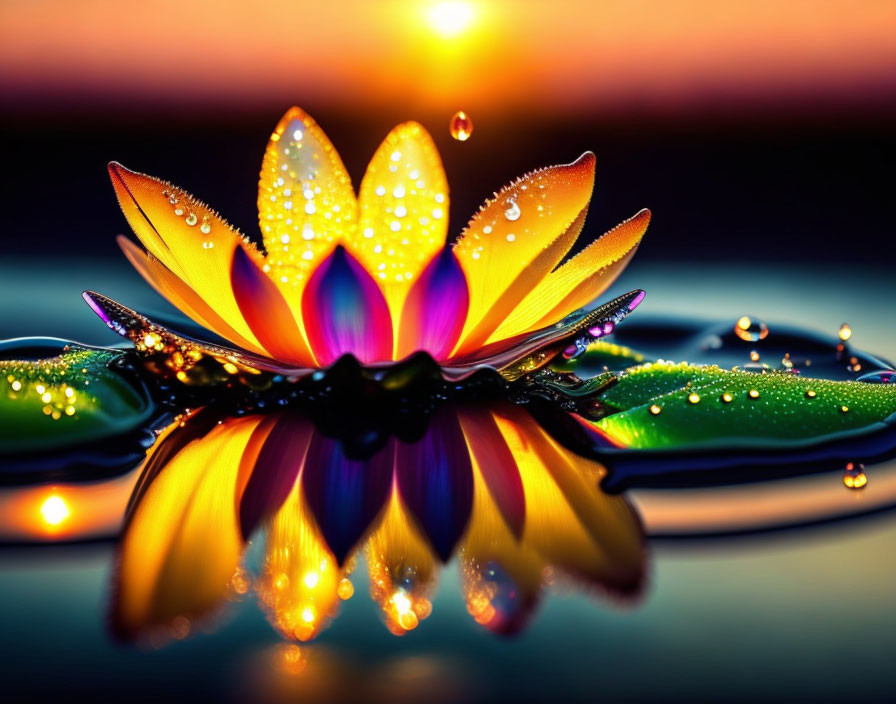 Colorful Lotus Flower with Water Droplets in Reflective Setting