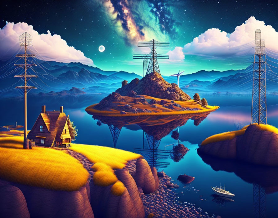 Surreal floating island with house, power lines, giant hands, water, mountains, starry