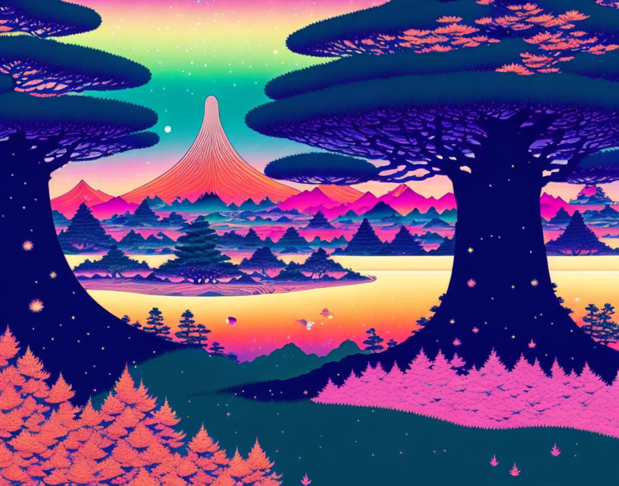Surreal landscape with oversized trees, volcano, pink and orange hues, star-speckled sky
