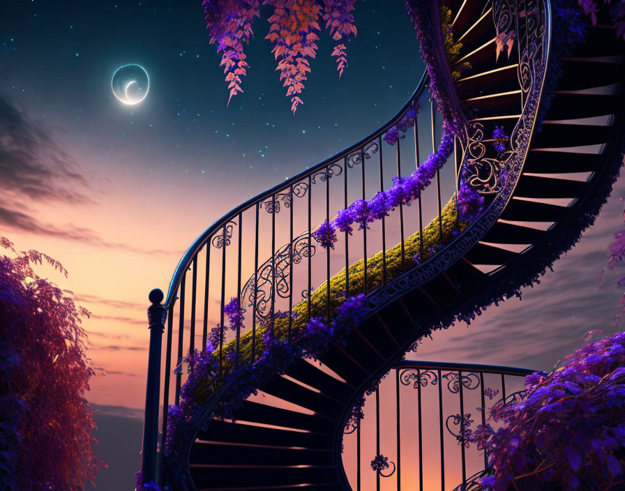 Spiral staircase with purple flowers under twilight sky