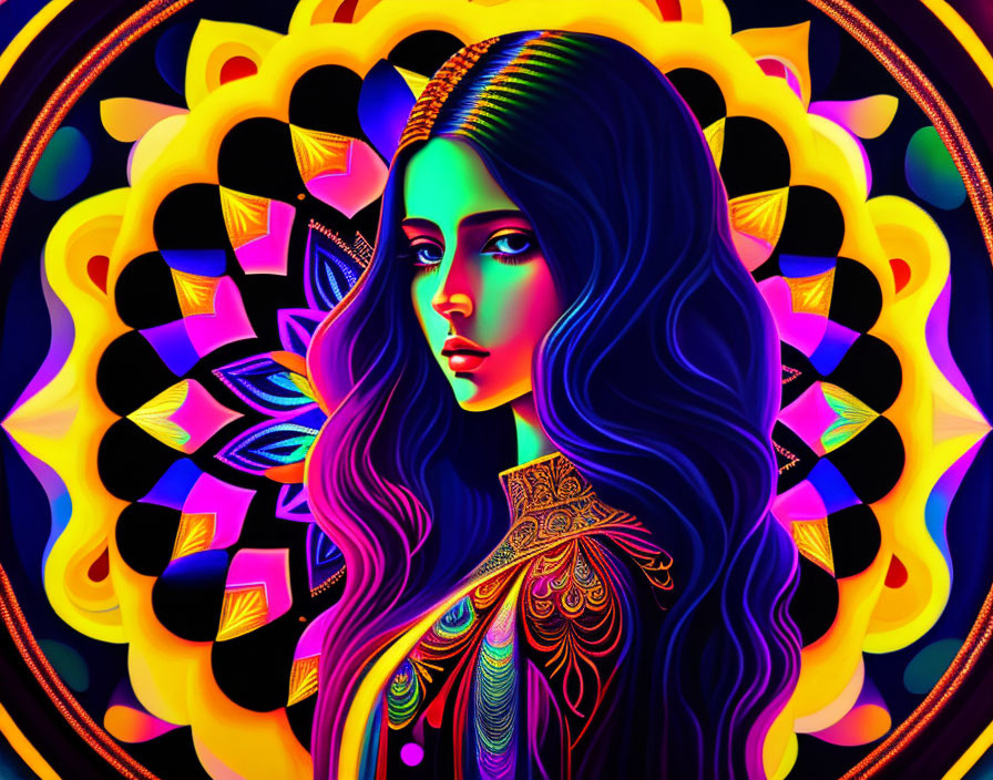 Colorful digital art of a woman with flowing hair and intricate patterns on mandala background