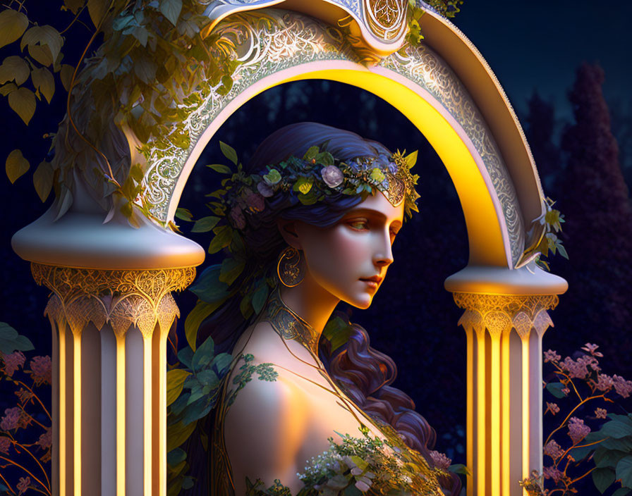 Ethereal woman with laurel wreath beside illuminated classical columns at twilight