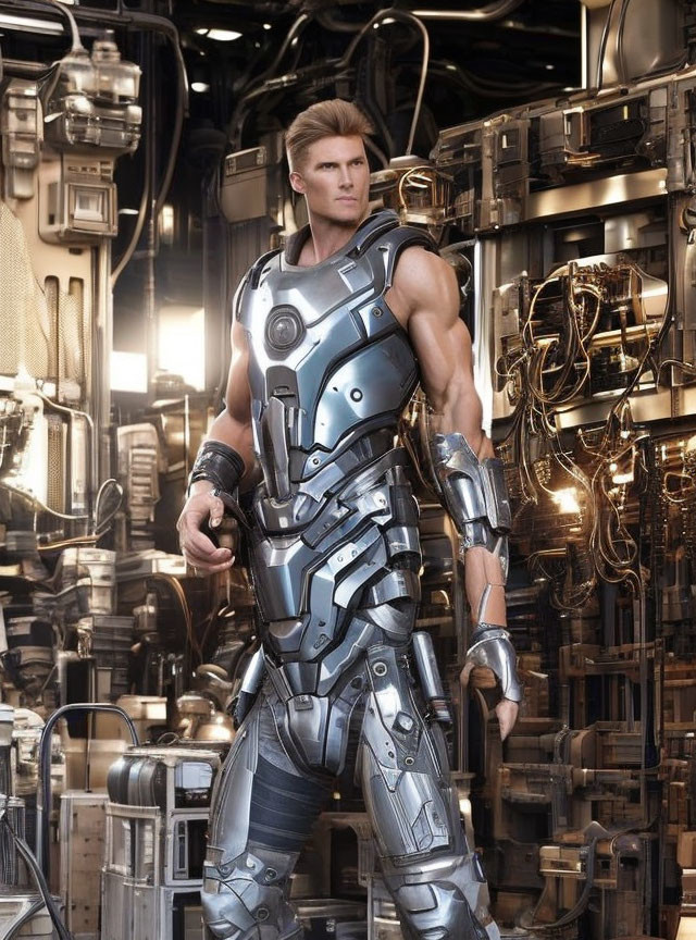 Man in metallic armor suit poses confidently in front of industrial machinery and wiring.