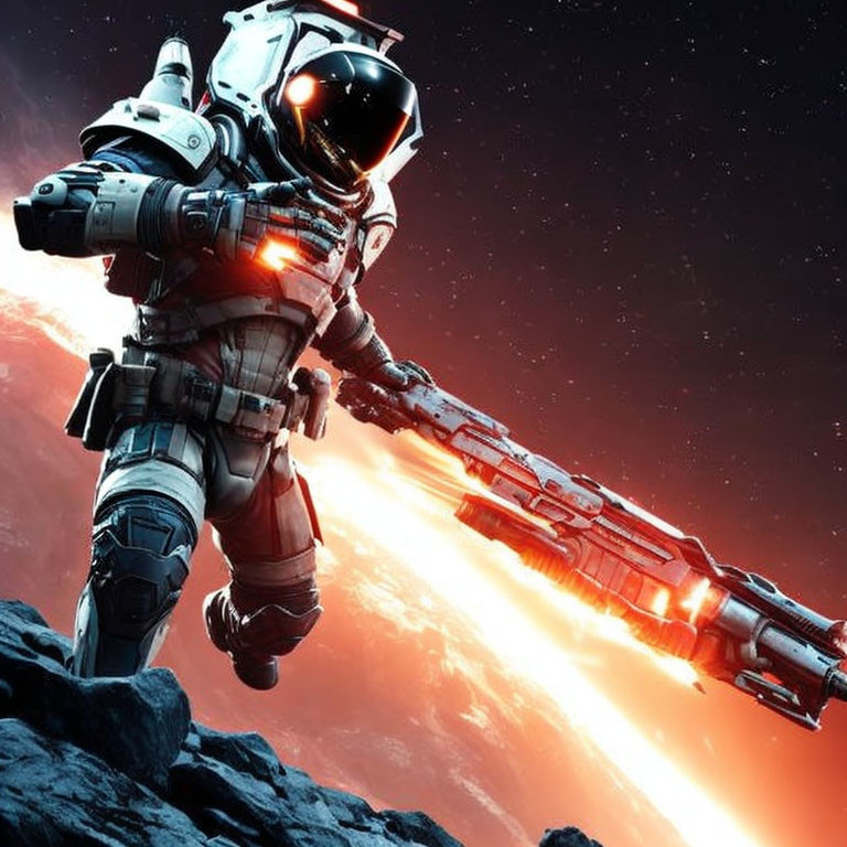 Futuristic astronaut with jetpack and weapon on alien planet surface
