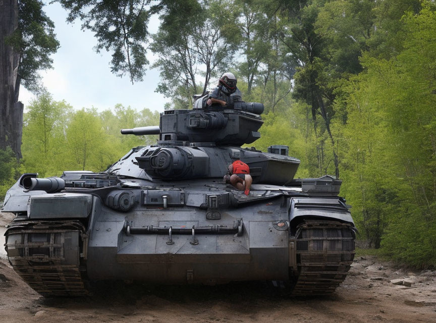 Two people with a tank in a forest setting.
