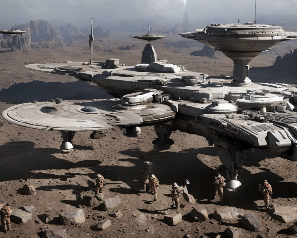 Futuristic outpost with saucer-shaped buildings on rocky terrain and people in military-like outfits.